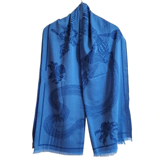HERMES Blue Navy Wool Scarf bran-340-090325 - Picture 1 of 5